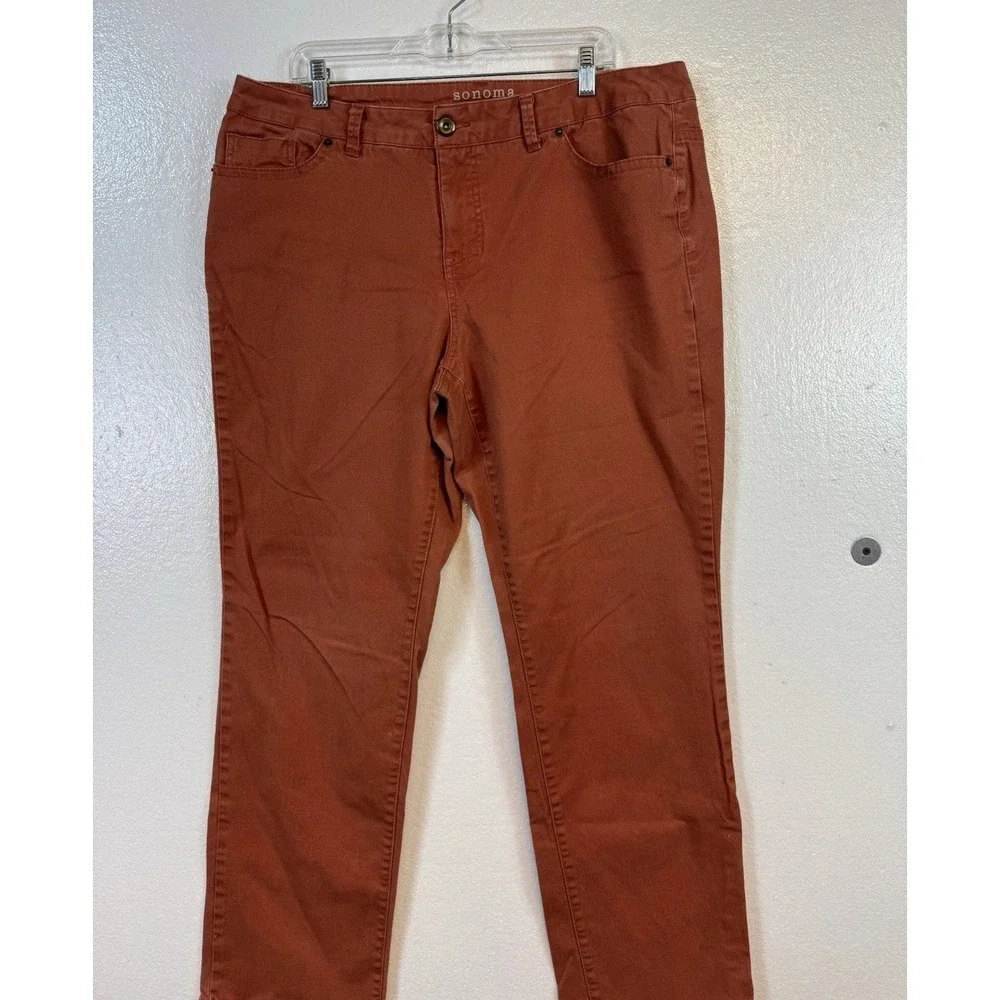 Sonoma Modern Straight Denim Jeans Womens Sz 16‎ Rust Brown Stretch Mid Rise